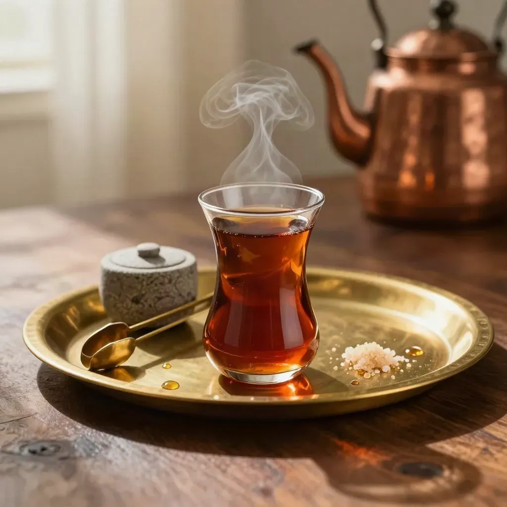 Buhar tüten Türk çay tepsisi, ince belli bardaklar, maşalar ve taş şekerlik.